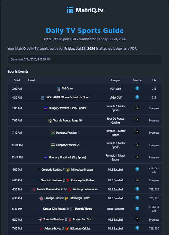 MatriQ Daily TV Sports Guide email showing event times, leagues, providers, and channels