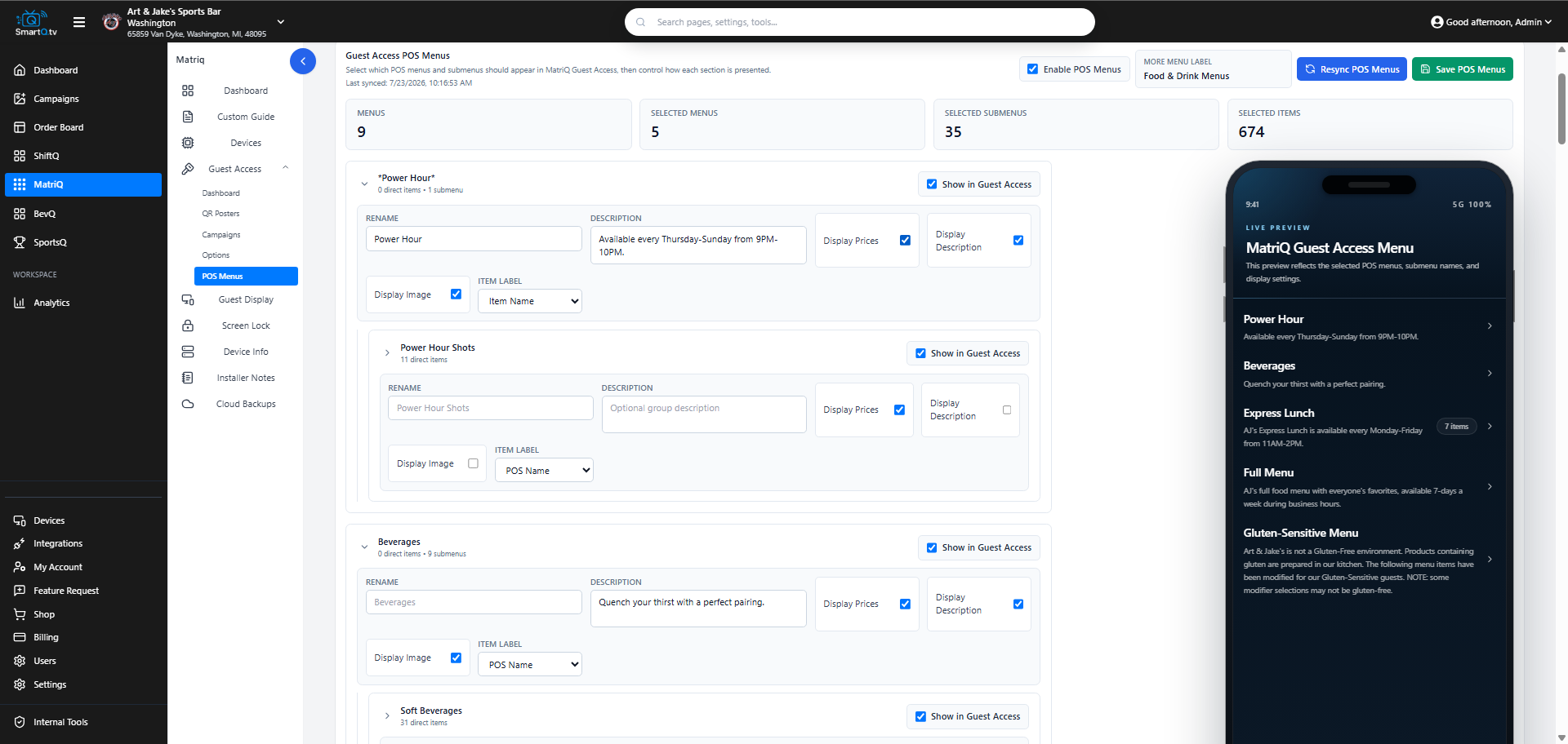 MatriQ guest POS menu settings