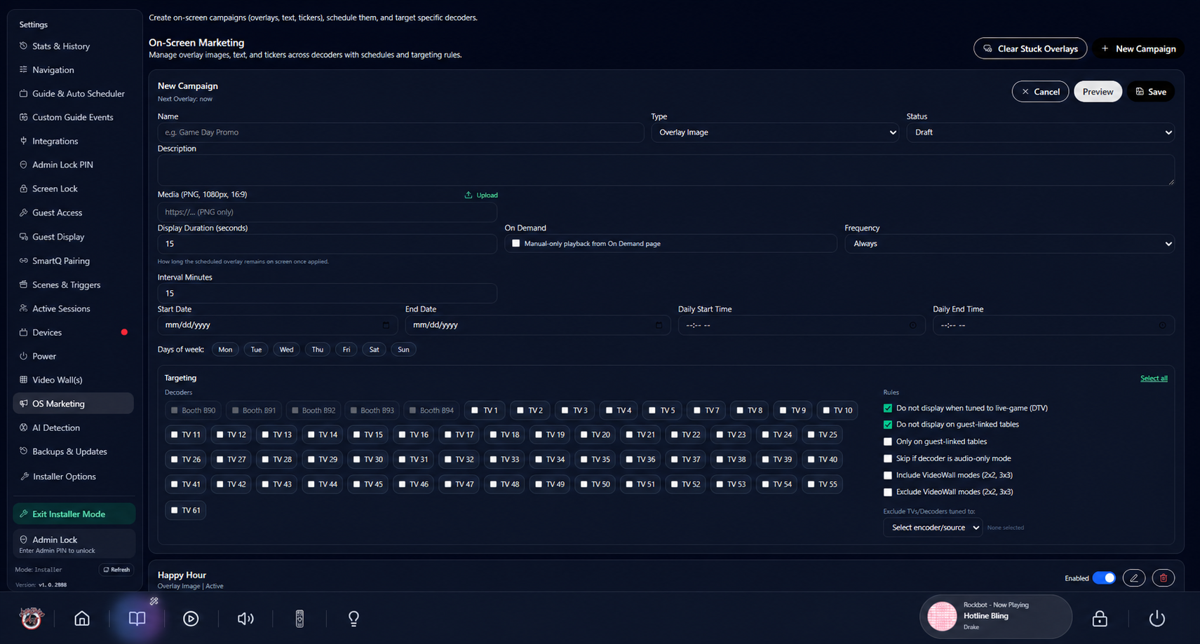 MatriQ On-Screen Marketing campaign builder with timing, targeting, and protection rules