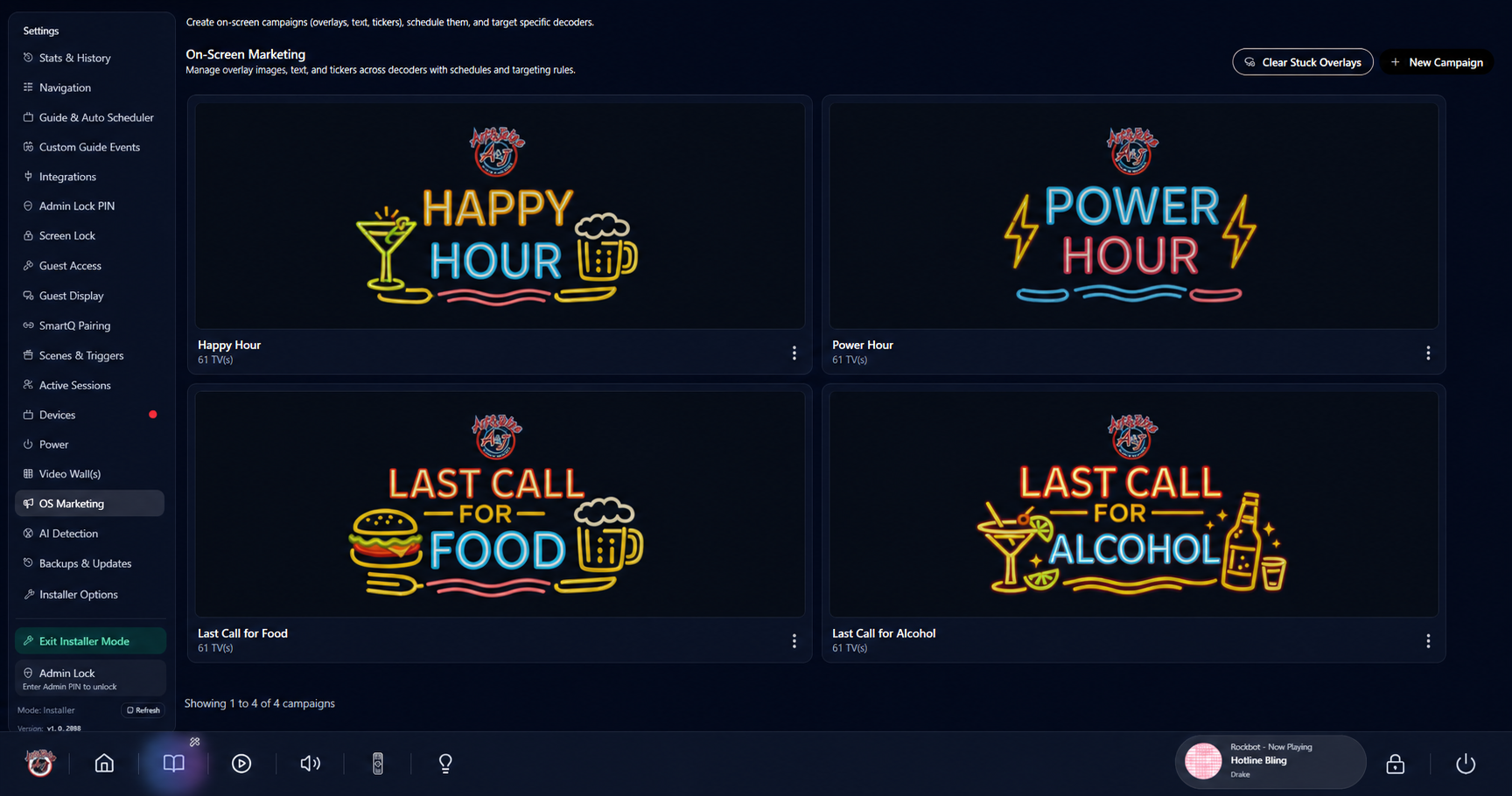 MatriQ On-Screen Marketing campaign library with Happy Hour, Power Hour, and last-call overlays